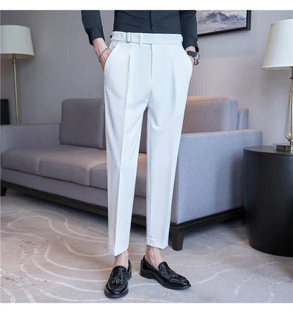 2026 Texture Naples Men's Solid Color Casual Pants Fashion Belt Design Slim Fit Suit Pants Formal Wear Wedding Social Trousers