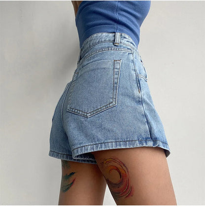 2026 Summer Women High Waist A-line Shorts Light Color Fake Two-piece Design Elegant Slimming Hot Girl Pants Denim Short Skirt