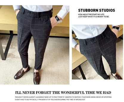 Boutique Classic Plaid and Striped Fashion Men's Casual Business Slim Suit Pants Groom Wedding Dress Trousers Party