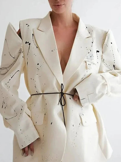 Ink Splashing Print Fashion Blazer for Women Notched Collar Long Sleeve Hollow Out Design Loose Coat Female Autumn