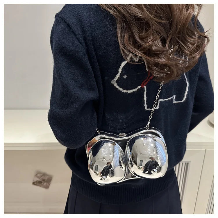 Party Purse Chest Shape PVC Bag For Women 2025 Mini Crossbody Bag Metal Chain Shoulder Bag Luxury Gold Silvery Lipstick Pouch