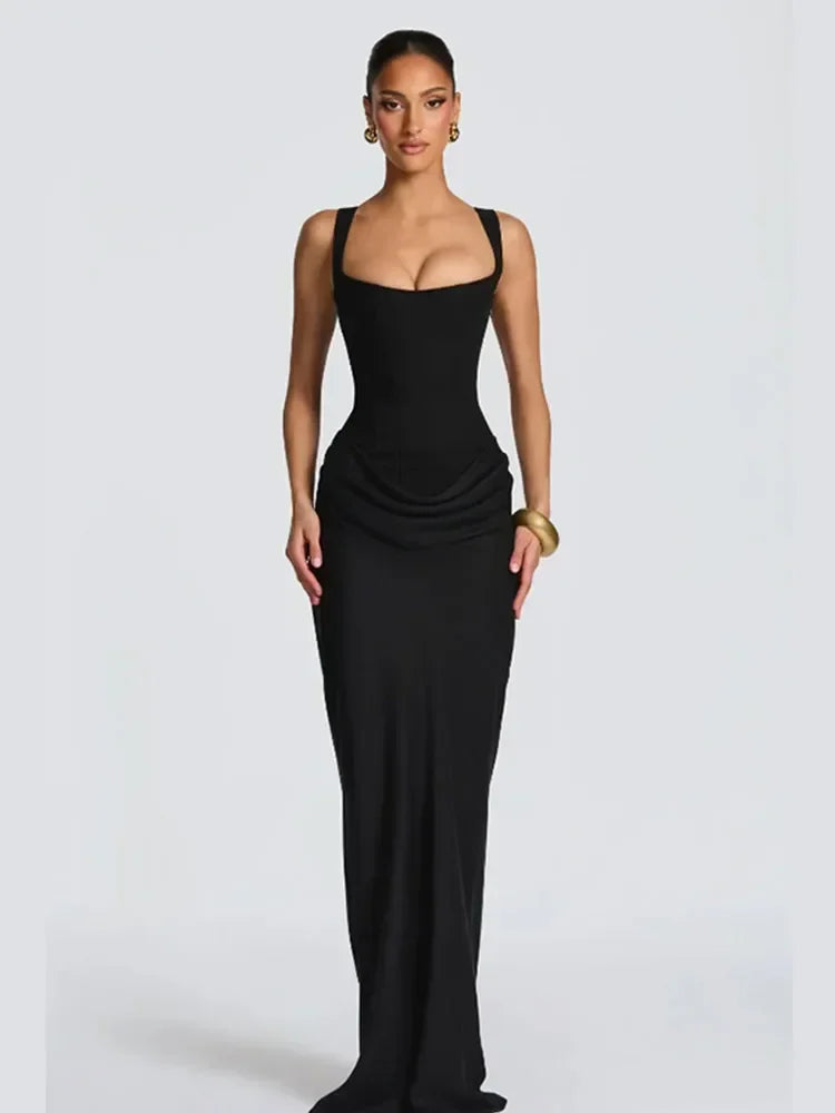 Sexy Square-neck Halter Long Dress Women 2025 Pleated Sleeveless Backless High Waist Bodycon Dresses New Summer Lady Party Gowns