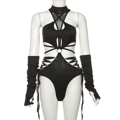 Bandage Hollow Out Sexy Cyber Y2k Bodysuits Gothic Techwear Mesh Patchwork Tops Female Glove Sleeve Mock Neck Bodysuit
