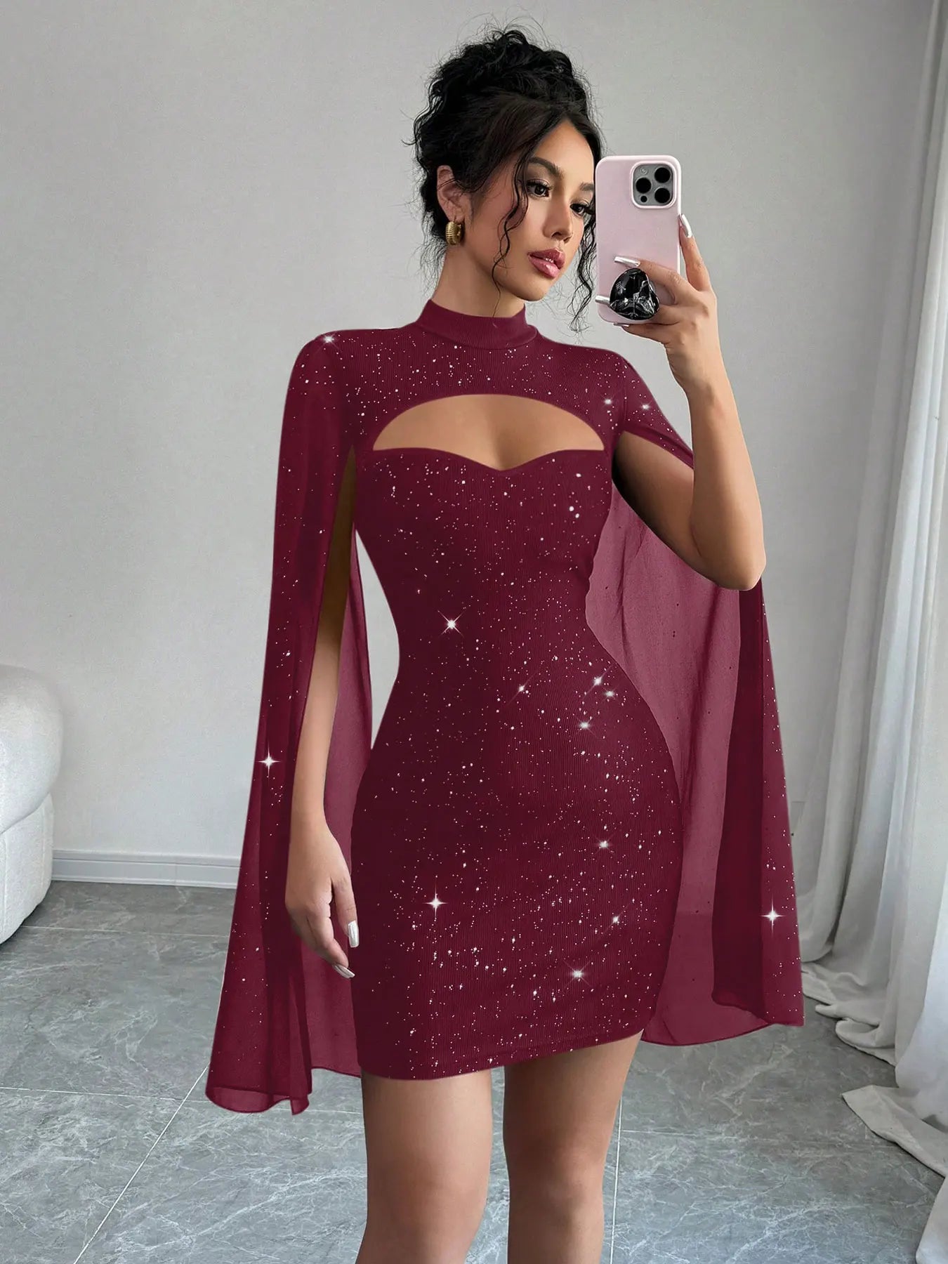 Sexy Women's Stand Collar Cape Mini Dress Sequins Sparkling Club Party Night Out Fitted Bodycon Elegant Autumn Winter