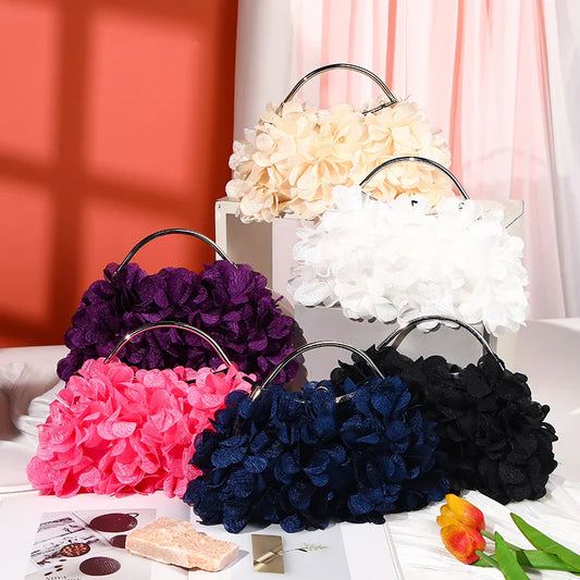 Flower Evening Clutch Purse Sweet Style Floral Wedding Romantic Bridal Handbag Metal Handle Banquet Dinner Dress Bags with Chain