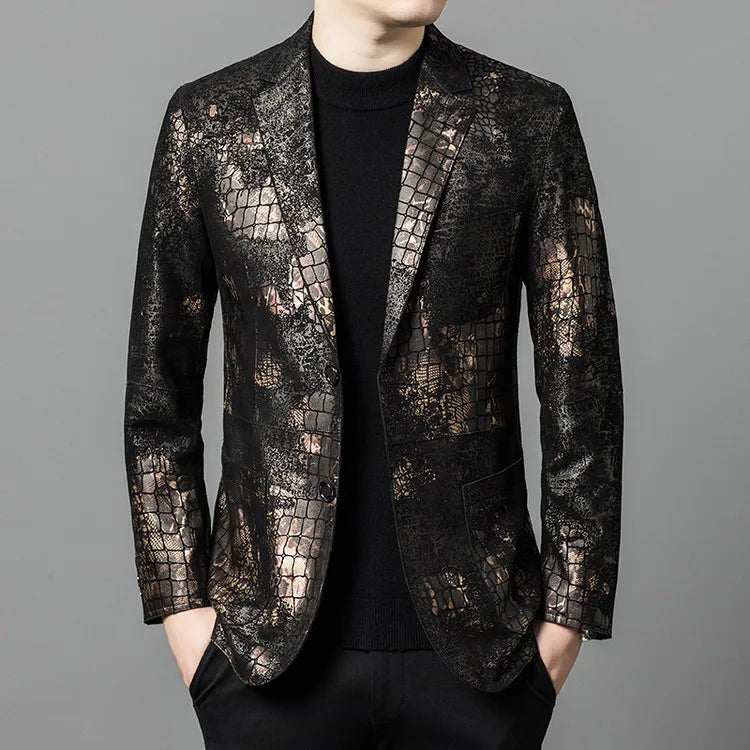 Luxurious Sheepskin Blazers For Men Smooth Casual Leather Jacket Winter Top Quality Leopard Print Slim Gentleman Terno Masculino