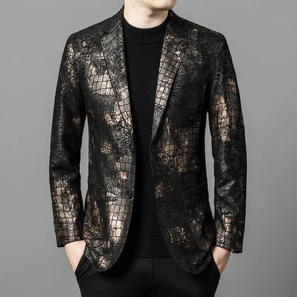 Luxurious Sheepskin Blazers For Men Smooth Casual Leather Jacket Winter Top Quality Leopard Print Slim Gentleman Terno Masculino