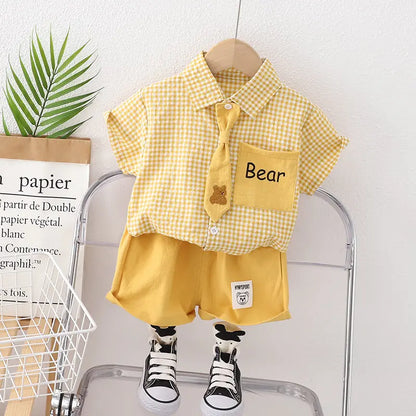 Summer Casual Baby Boy Toddler Causal ClothesPlaid Shirt Tops Pants 2Pcs/Set With Tie Cotton Kids Outfits Clothing Suit