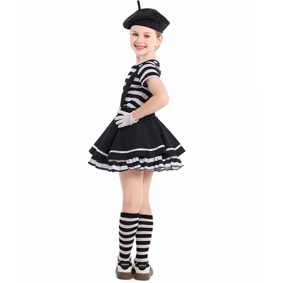 Mime Costume Clown Cosplay Clothing Girls Stage Performance Skirt T-shirt Hat Gloves Halloween Carnival Party Suit ﻿
