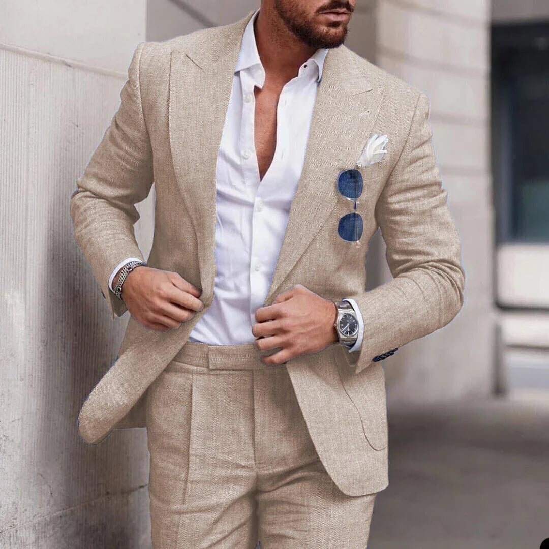 Men's 2 Piece Linen Suit Slim Fit Notch Lapel Casual Blazer Jacket & Trousers Business Wedding Party Formal Dress Set for Men
