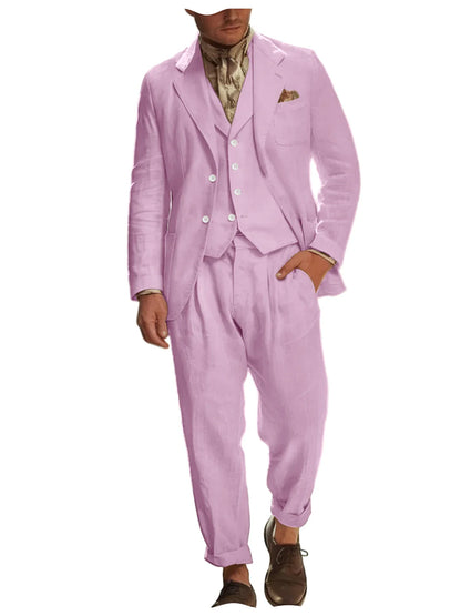 Italian Style Men's Linen 3 Piece Set Notch Lapel 2 buttons Blazer+Vest+Pants Breathable Lightweight Summer Casual Business Suit