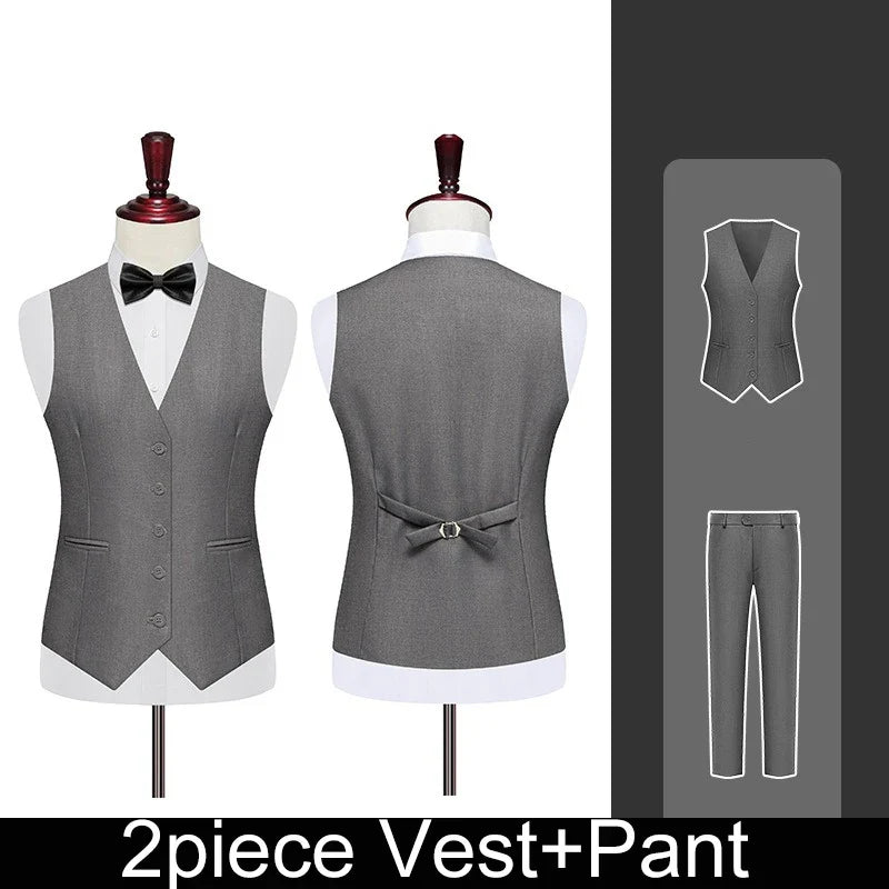 Men 2-piece Set British Style Single-breasted V-neck Vest Man Straight-leg Pant Male Slim Wedding Office Casual Outfit