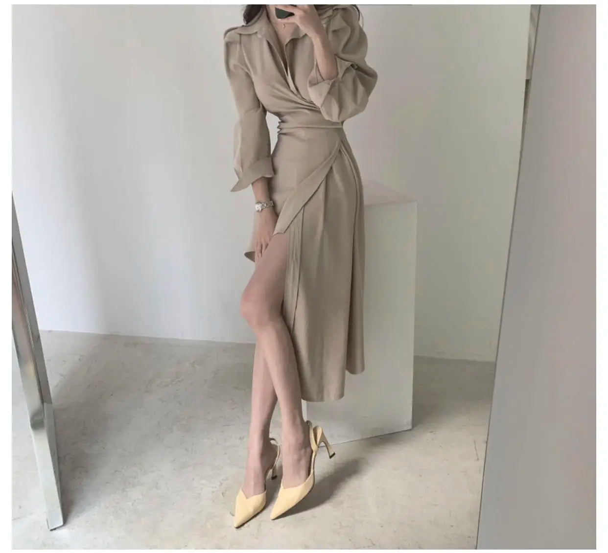 Early Autumn Shirt Dress Women's Mid-Length Asymmetrical Single-Button Notch Collar Slimming Style Commute Fashion