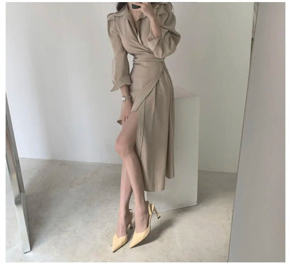Early Autumn Shirt Dress Women's Mid-Length Asymmetrical Single-Button Notch Collar Slimming Style Commute Fashion