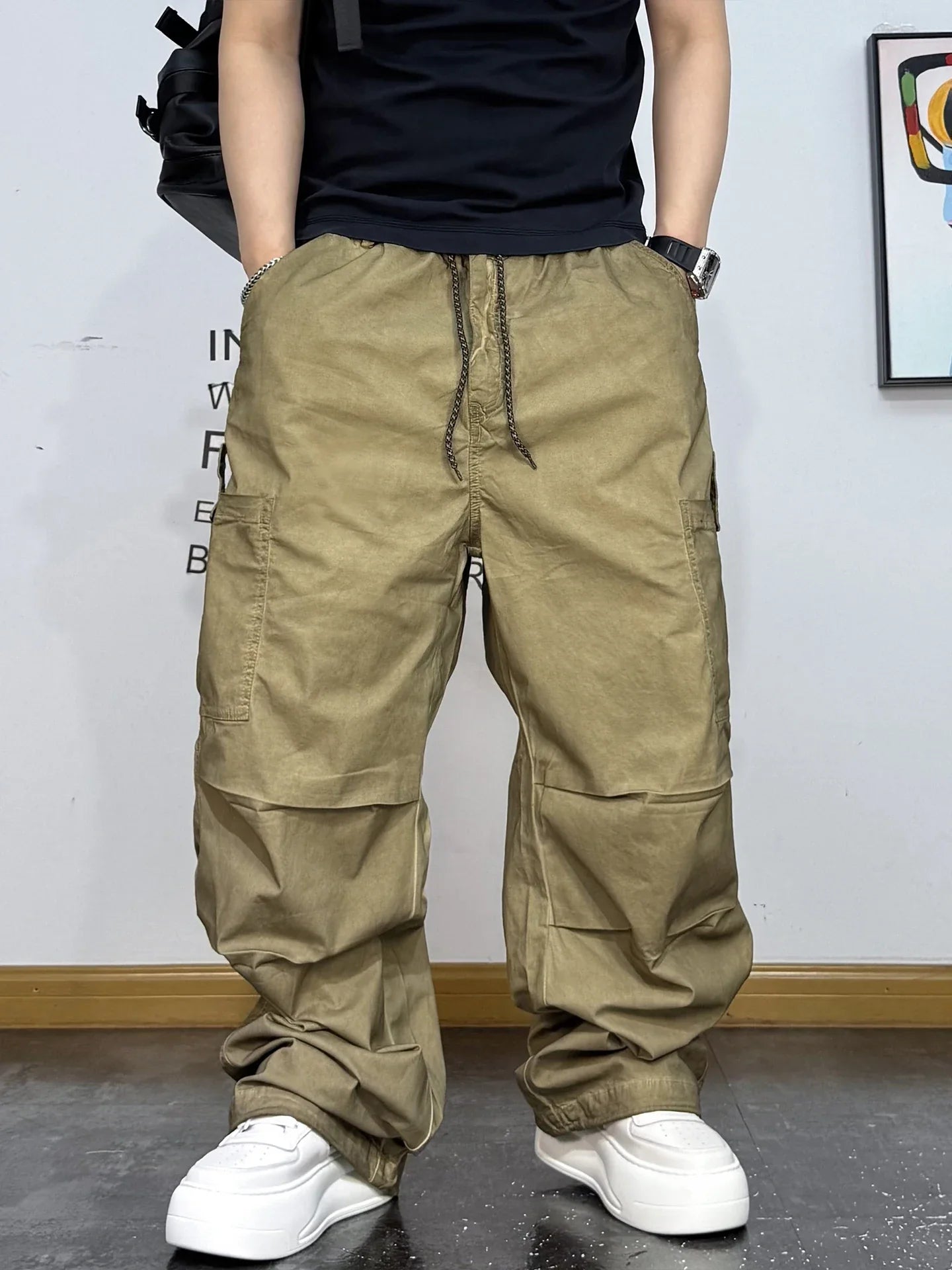 Mens American Vintage Baggy Cargo Pants Multi Pocket Distressed 100% Cotton Straight Leg Loose Fit Premium Quality Pants Trendy