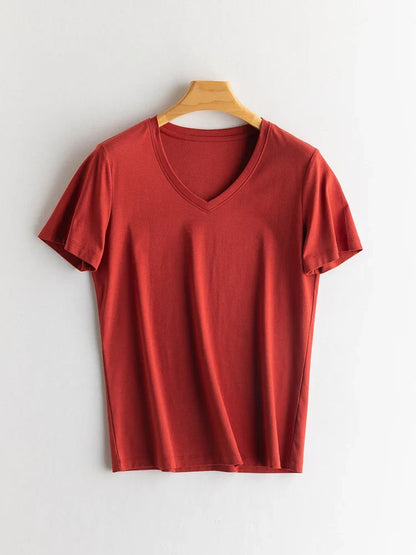 Women Solid T shirts, Silk Cotton Blend, O Neck, Short Sleeved Solid Tee,2025 Summer Candy Colors Basic Cozy Top Green