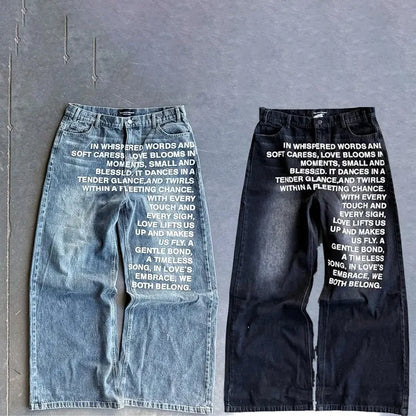 Y2K Men Jeans Vintage American Pattern Letter Jeans Streetwear Gothic Harajuku Hip Hop Men Women Fashion Casual Wide Leg Jeans