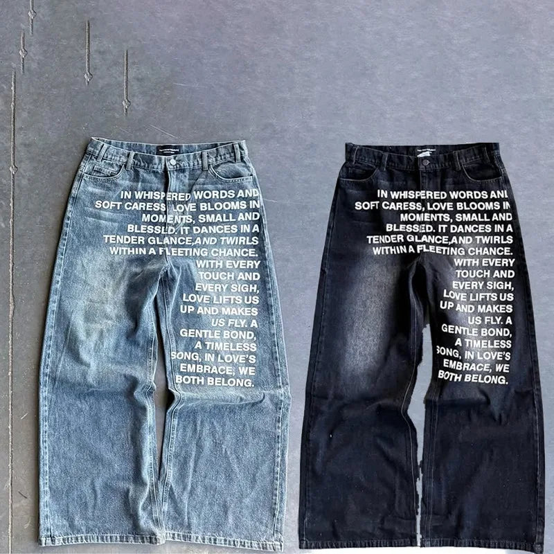 Y2K Men Jeans Vintage American Pattern Letter Jeans Streetwear Gothic Harajuku Hip Hop Men Women Fashion Casual Wide Leg Jeans