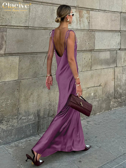 Fashion Loose Brown Satin Womens Dresses 2025 Summer Strap Sleeveless Floor Length Dress Sexy Backless Female Dress