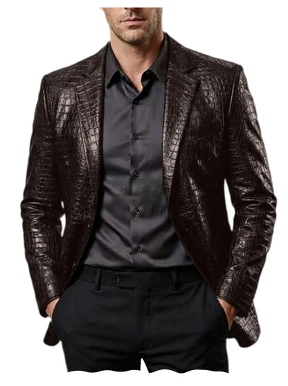 Men Crocodile Texture Leather Blazer Notched Lapel Slim Fit Single Breasted Suit Jacket Nightclub Party Business Outer Coat