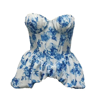 Strapless Floral Corset Top Summer Lace Up Backless Slim Office Lady Ins Tank Top Female French Hotsweet Holiday Camis