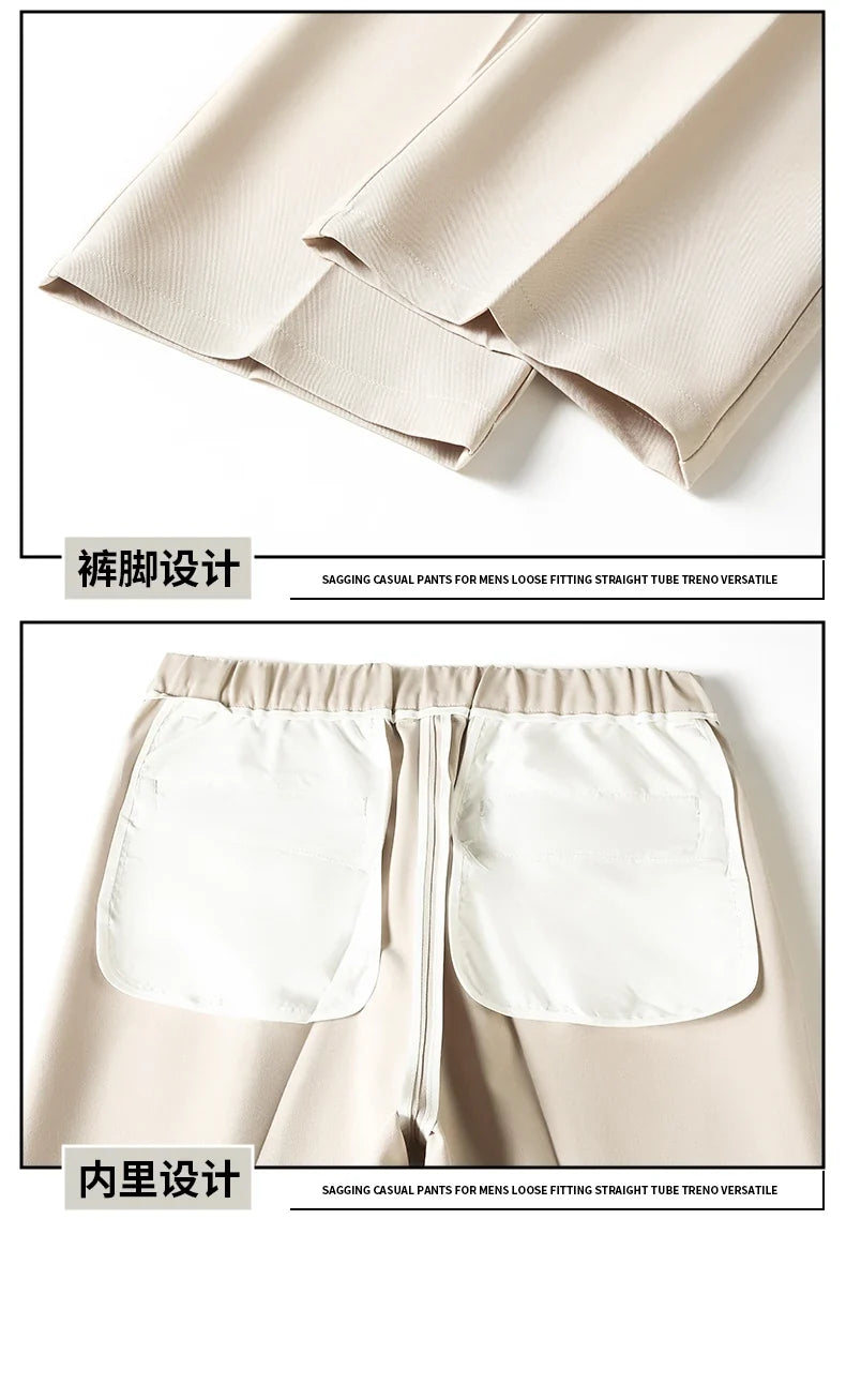 Men's 2026 Summer Korean Style Loose Straight Leg Draping Lightweight Casual Pants Slacks Khaki Dark Gray Black Trousers Male
