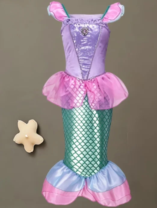 2025 Girls Mermaid Dress Princess Cosplay Party Costumes Summer Purple Elegant Flying Sleeve Fancy Dresses For 2-10Y Kids