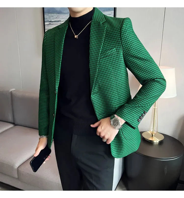 2025 Spring Men's Plaid Suit Jacket Korean Luxury Business Slim Fit Social Suit Jacket Formal Social Party Wedding Prom Tuxedo