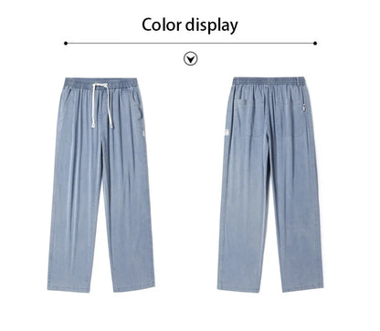 Summer Soft Lyocell Fabric Men's Jeans Thin Loose Straight Pants Drawstring Elastic Waist Korea Casual Trousers Plus Size M-5XL