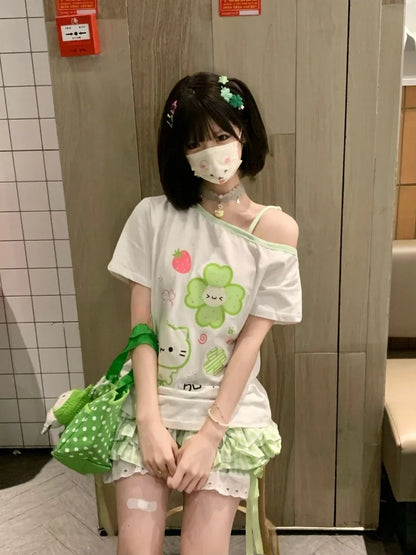 Ezgaga Harajuku T Shirts Women Cartoon Sweet Diagonal Collar Short Sleeve Off Shoulder Funny Tops Female Y2k Ladies Tshirts