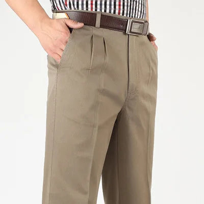 Double Pleated Casual Pants Men High Waist Straight Loose Classic Basic Trousers Male Autumn 100% Cotton Black Big Size 42 44 46