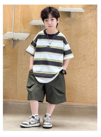 New Arrival Stylish Kids Summer Striped Suit for Teenage Boy Fashion Street Clothing Children Casual T-shirt Shorts 2PCS Set