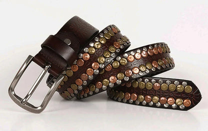 3.8CM  Hip Hop Punk Style Men Belt Round Rivet Real Genuine Cowskin Leather Strap Male Cowboy Studded Belts Rock Waistband