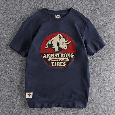 Summer New American Retro Short-sleeved O-neck Rhino Printed T-shirt Men's Fashion Simple 100% Cotton Washed Casual Sport Tops
