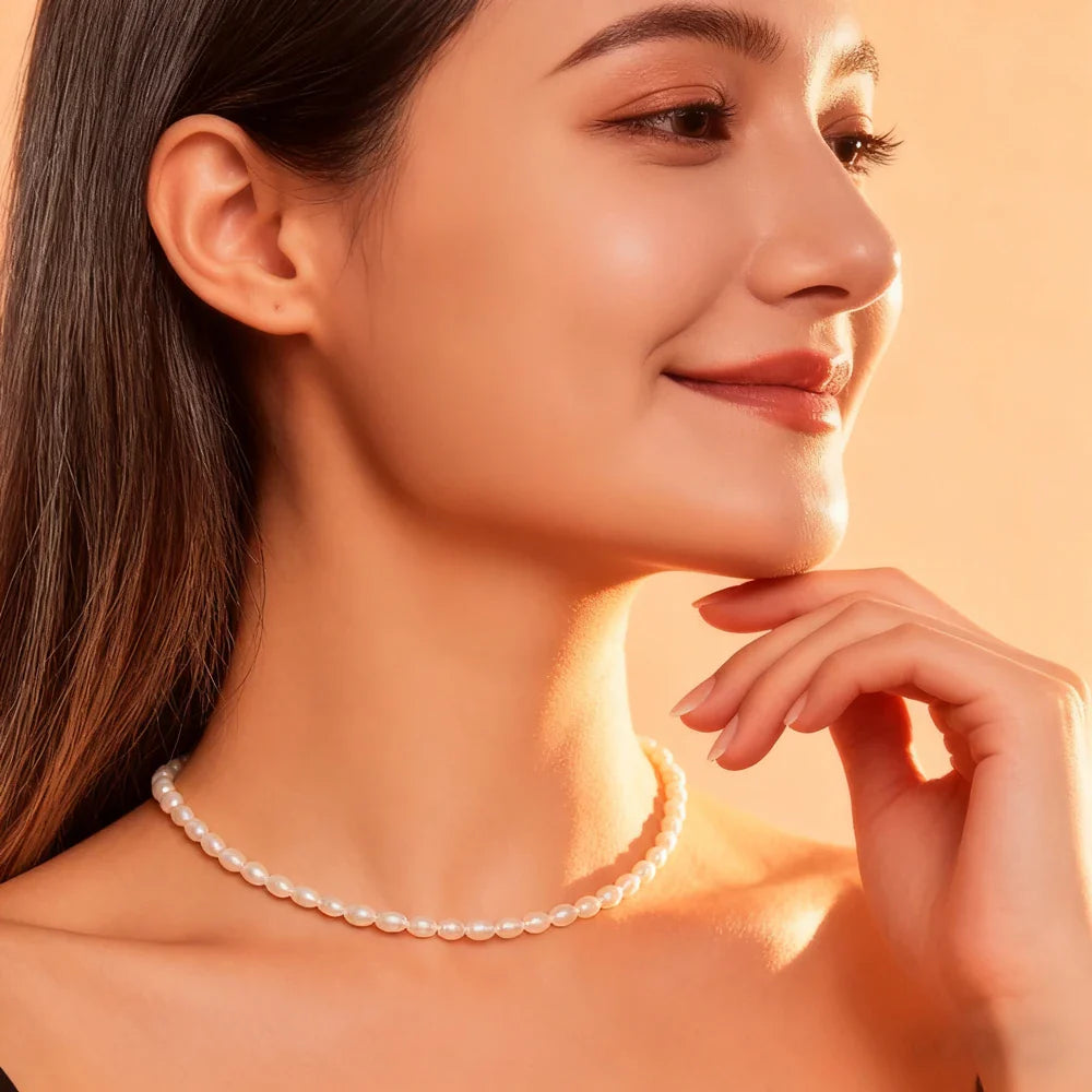 Small Size 4.5-5.5mm Natural Freshwater White Pearl Necklace Rice Shape Fashion S925 Silver Jewelry for Women Girls