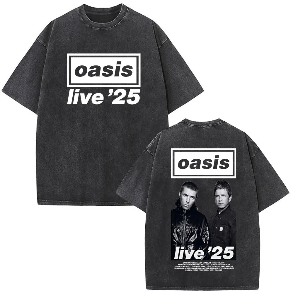 O-Oasis T-Shirts British Rock Band Vintage Washed T-shirt Men Women Clothing Cotton Casual Short Sleeve T Shirts Tops Streetwear