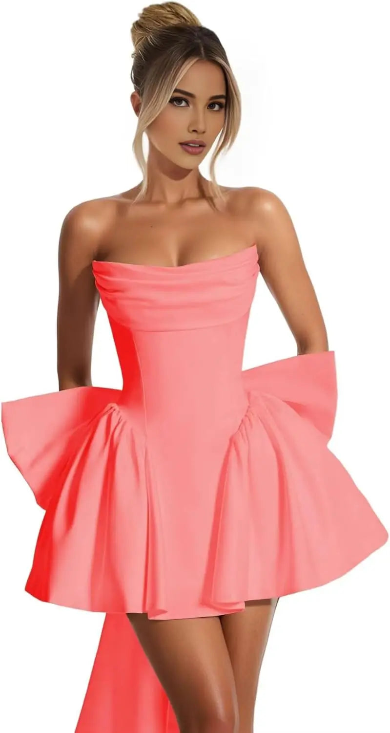 2025 Satin Strapless Back To School Dress with A Large Bow At The Back, Mini Skirt for Teenagers Cocktail Dress Short DanceDress