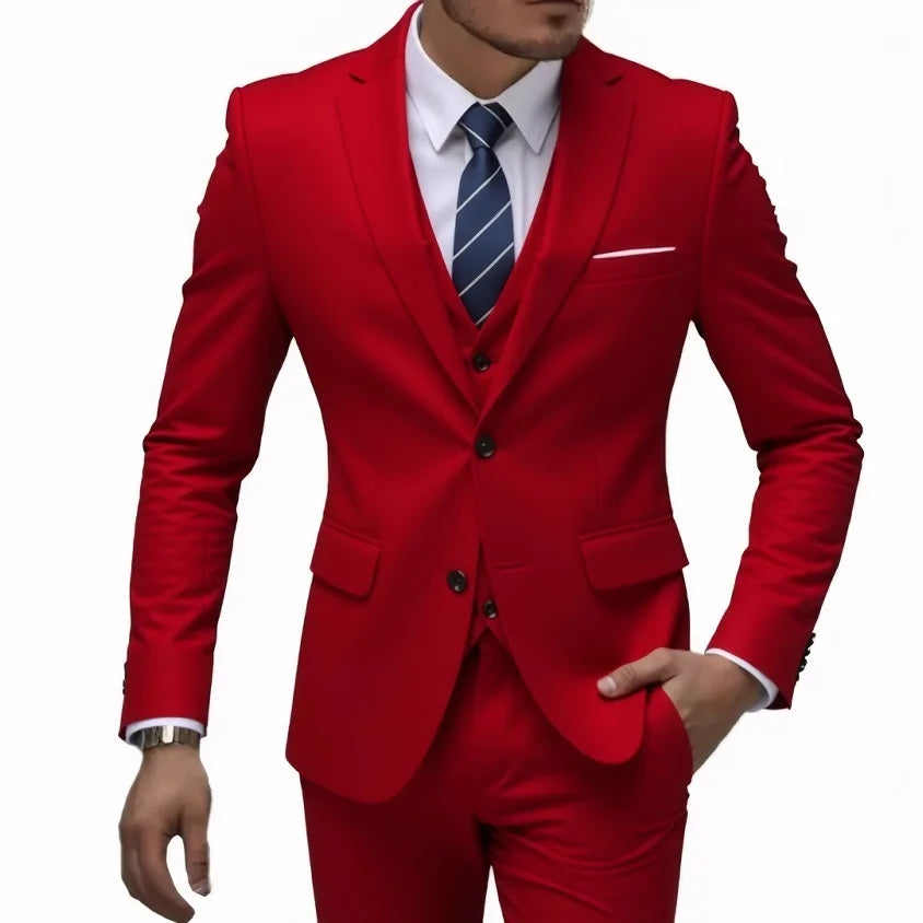 13 Color Basic Style Men's Casual Solid Color 3 Pieces Suits / Male Two Button Blazers Jacker Coat Trousers Pants Vest Waistcoat