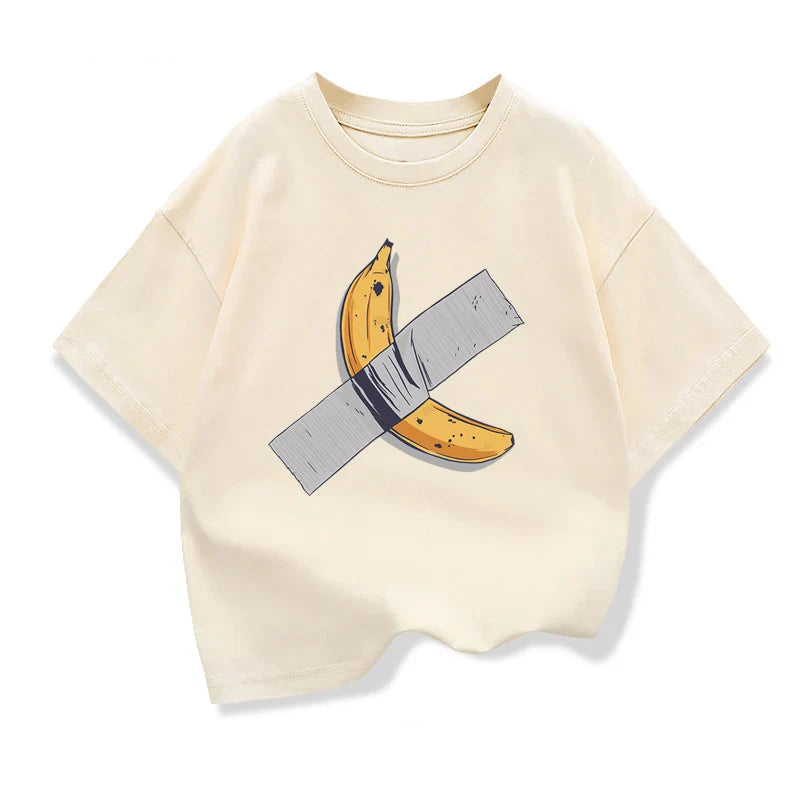 Children Clothes Bananas on the wall Graphic Kids Fashion Short Sleeve T-shirt Popular Design Kids Crewneck Loose Cotton Tees