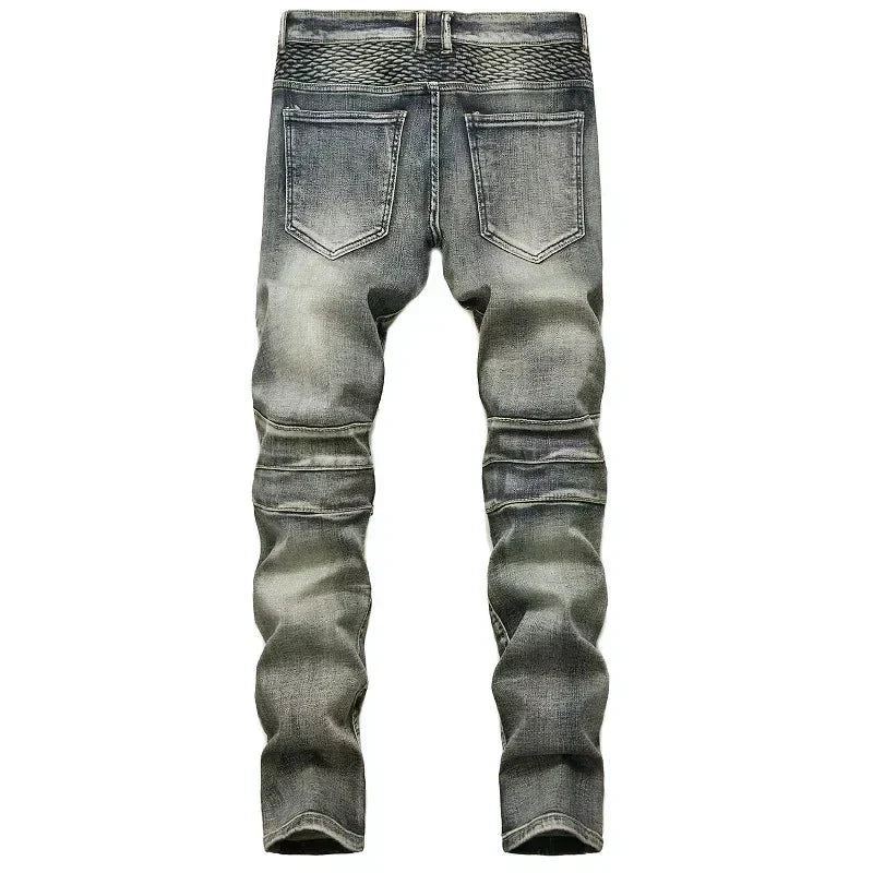 Men's New Casual Motorcycle Jeans Hip Hop Street Riding Stretch Slim Fit Straight Pants Patchwork Fashion Denim Trousers Male