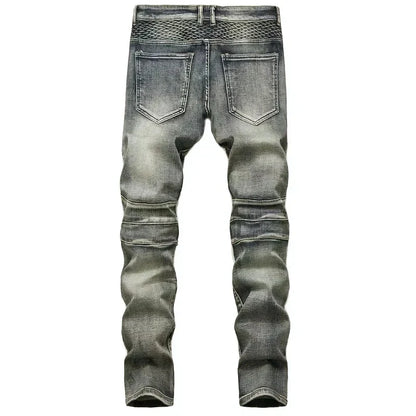 Men's New Casual Motorcycle Jeans Hip Hop Street Riding Stretch Slim Fit Straight Pants Patchwork Fashion Denim Trousers Male