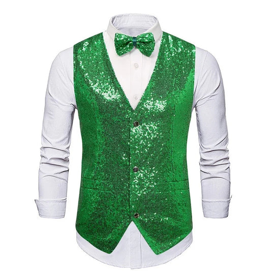 2026 Silver Fashion Shining Sequin Vest for Men,Party Banquet Dishco Stage Performance Multi Color Men's Sequined Vests with Tie