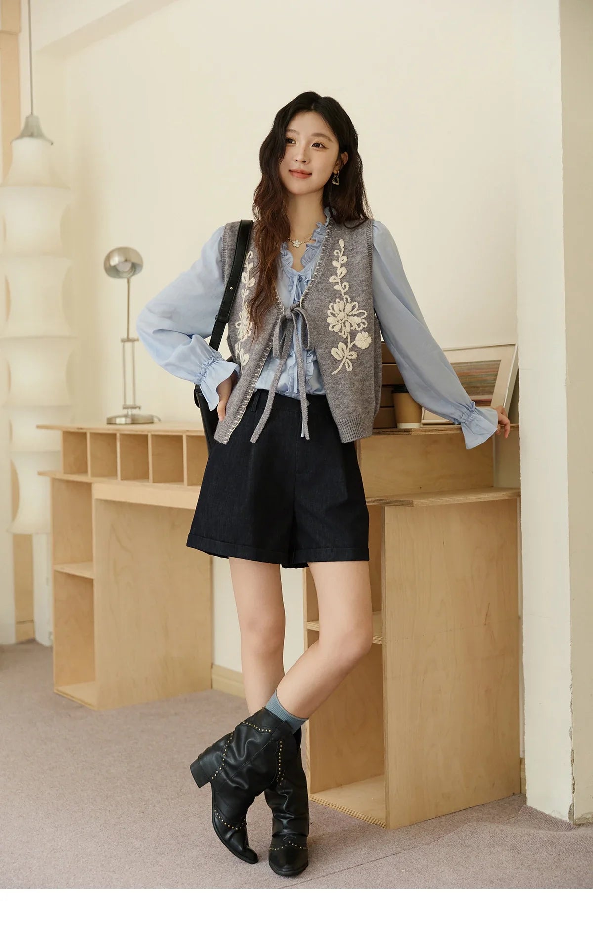 100% Lyocell Women's Blue Shirt 2025 Autumn French Ruffles Long Sleeves Ties Blouse Office Lady Elegant Top MXE45X2484