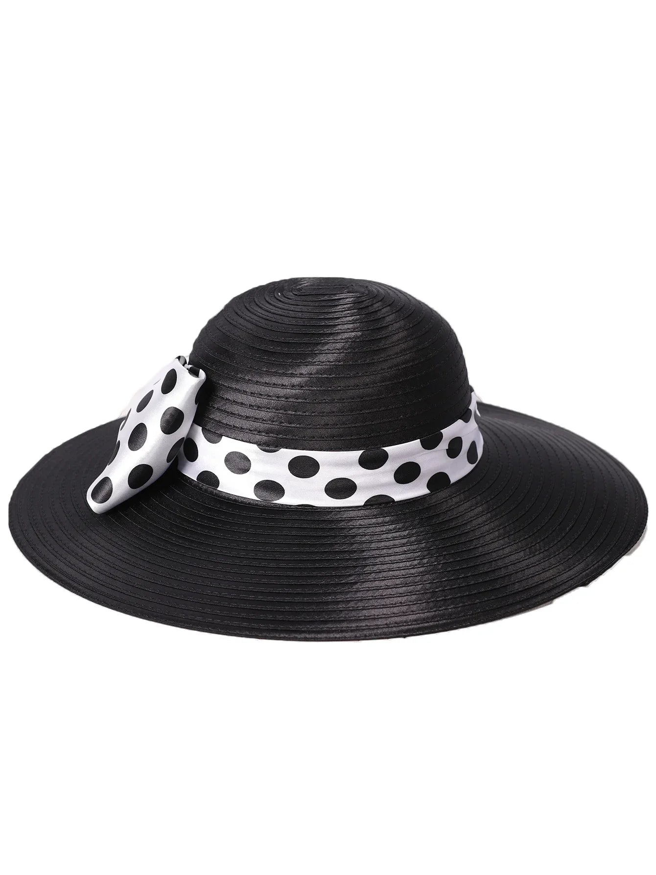 Elegant Women Wide Brim Rose Black Patchwork Polka Dots Kentucky Hat For Wedding Party Hat Big Bowknot Fedora Beach Cap