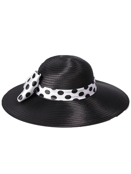 Elegant Women Wide Brim Rose Black Patchwork Polka Dots Kentucky Hat For Wedding Party Hat Big Bowknot Fedora Beach Cap