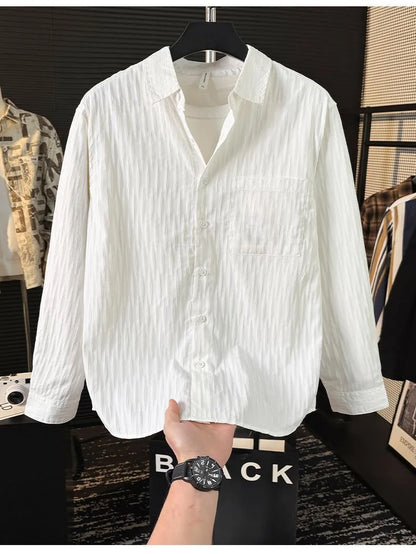 Casual Ice Silk Bubble Men's Anti-Wrinkle Summer Loose Fashionable Long Sleeve Shirt Urban Style Flip Collar Button Closure