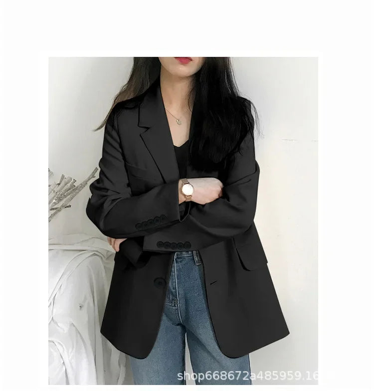 Elegant Casual Loose Long Sleeve Women's Small Suit Jacket Korean Style Spring Autumn Chic Polyester Fiber Button Decoration
