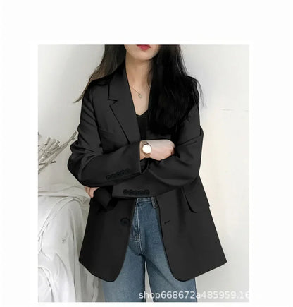 Elegant Casual Loose Long Sleeve Women's Small Suit Jacket Korean Style Spring Autumn Chic Polyester Fiber Button Decoration