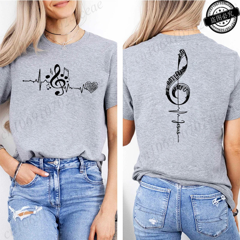 Musical Notes Printed T-Shirt for Women,Heartbeat Music Graphic Tee Shirts Clothes,Aesthetic Women's Tee T-Shirts Musician Gift
