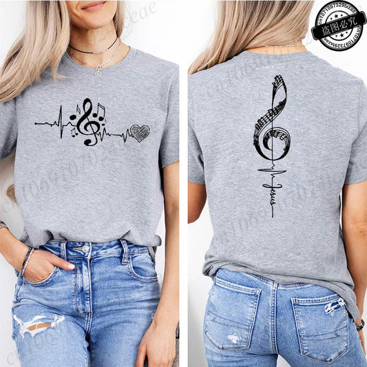 Musical Notes Printed T-Shirt for Women,Heartbeat Music Graphic Tee Shirts Clothes,Aesthetic Women's Tee T-Shirts Musician Gift